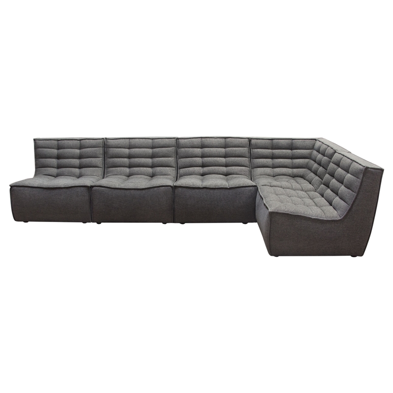 Benjara Ema 5pc L Shape Modular Sectional Corner Sofa-Grid Tufted Gray Polyester