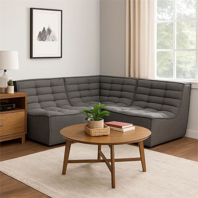 Benjara Ema 5pc L Shape Modular Sectional Corner Sofa-Grid Tufted Gray Polyester