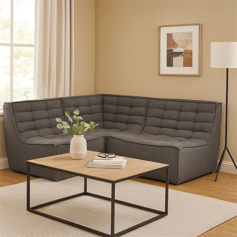 Benjara Ema 5pc L Shape Modular Sectional Corner Sofa-Grid Tufted Gray Polyester
