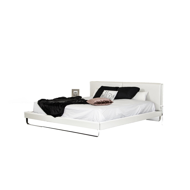 Benjara Zio Queen Size Platform Bed- White Faux Leather- Stainless Steel