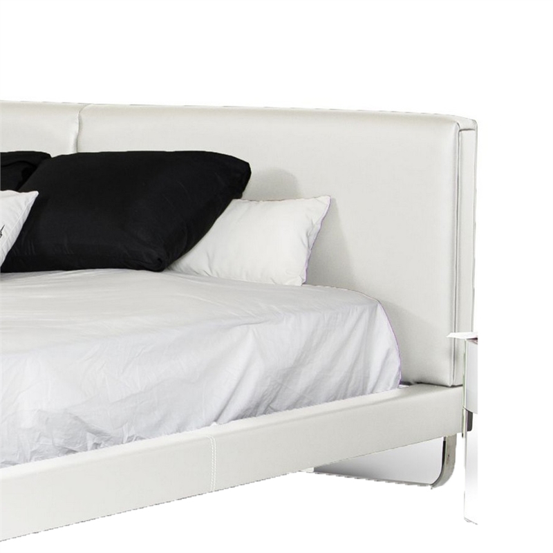 Benjara Zio Queen Size Platform Bed- White Faux Leather- Stainless Steel