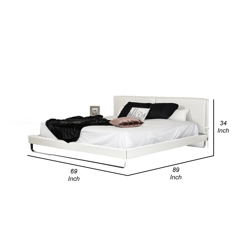 Benjara Zio Queen Size Platform Bed- White Faux Leather- Stainless Steel