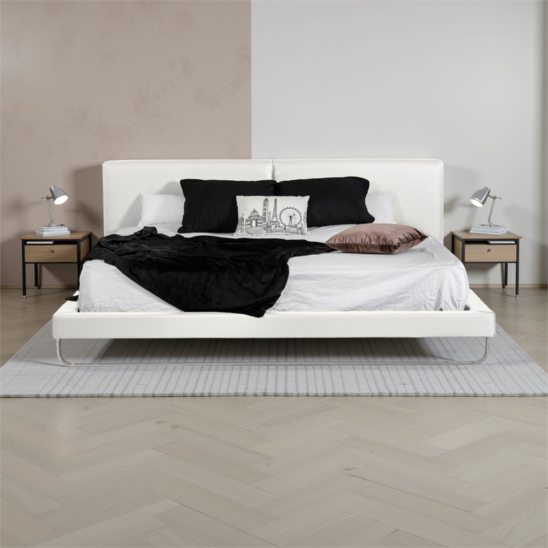 Benjara Zio Queen Size Platform Bed- White Faux Leather- Stainless Steel