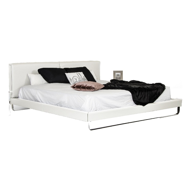 Benjara Zio Queen Size Platform Bed- White Faux Leather- Stainless Steel