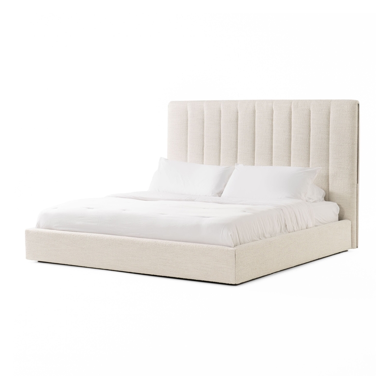Benjara Valy Platform King Size Bed- Vertical Striped Tufted Ivory Upholstered