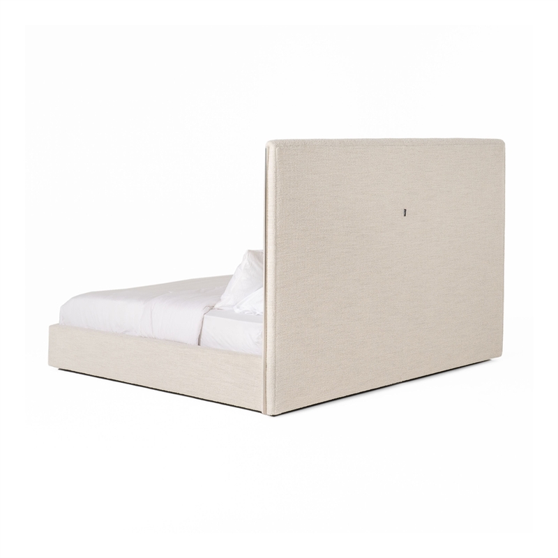 Benjara Valy Platform King Size Bed- Vertical Striped Tufted Ivory Upholstered