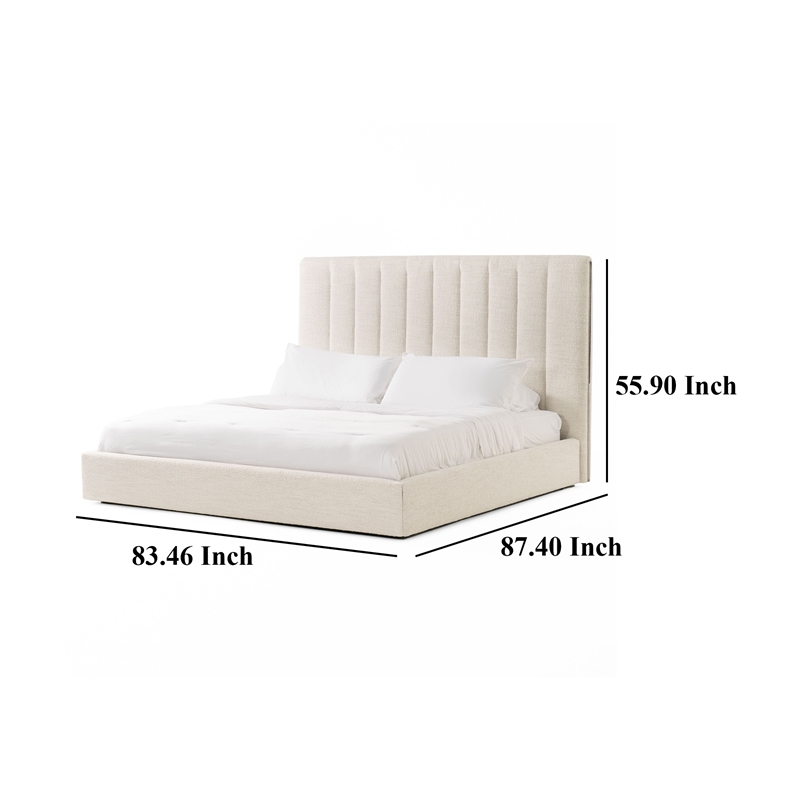 Benjara Valy Platform King Size Bed- Vertical Striped Tufted Ivory Upholstered