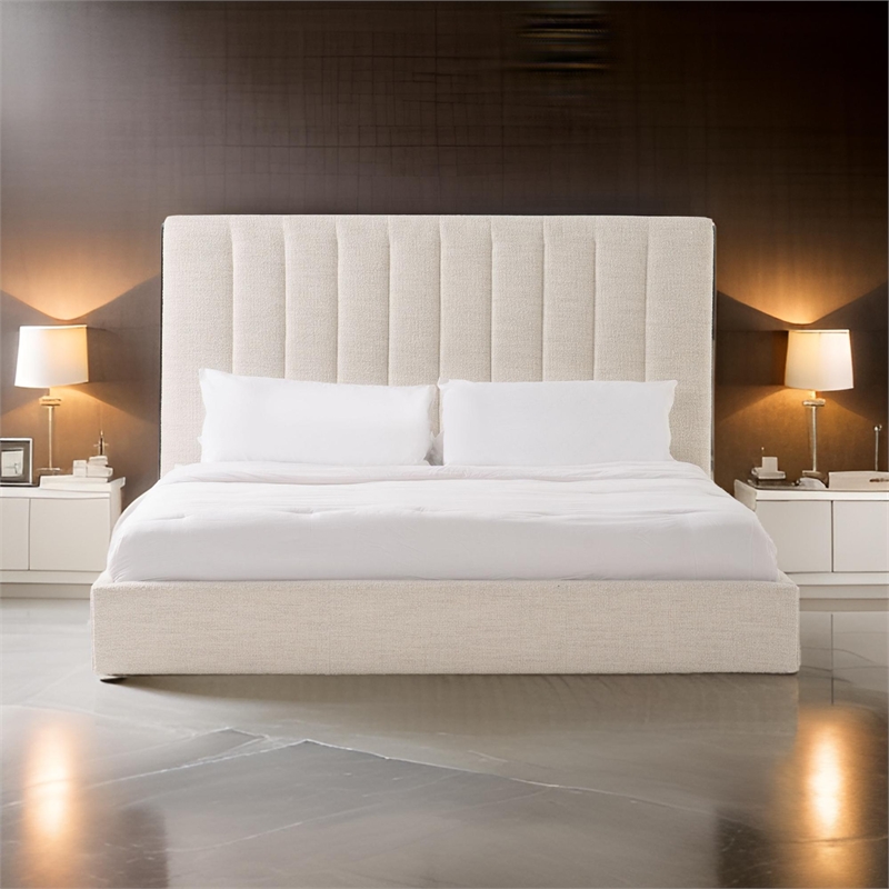 Benjara Valy Platform King Size Bed- Vertical Striped Tufted Ivory Upholstered