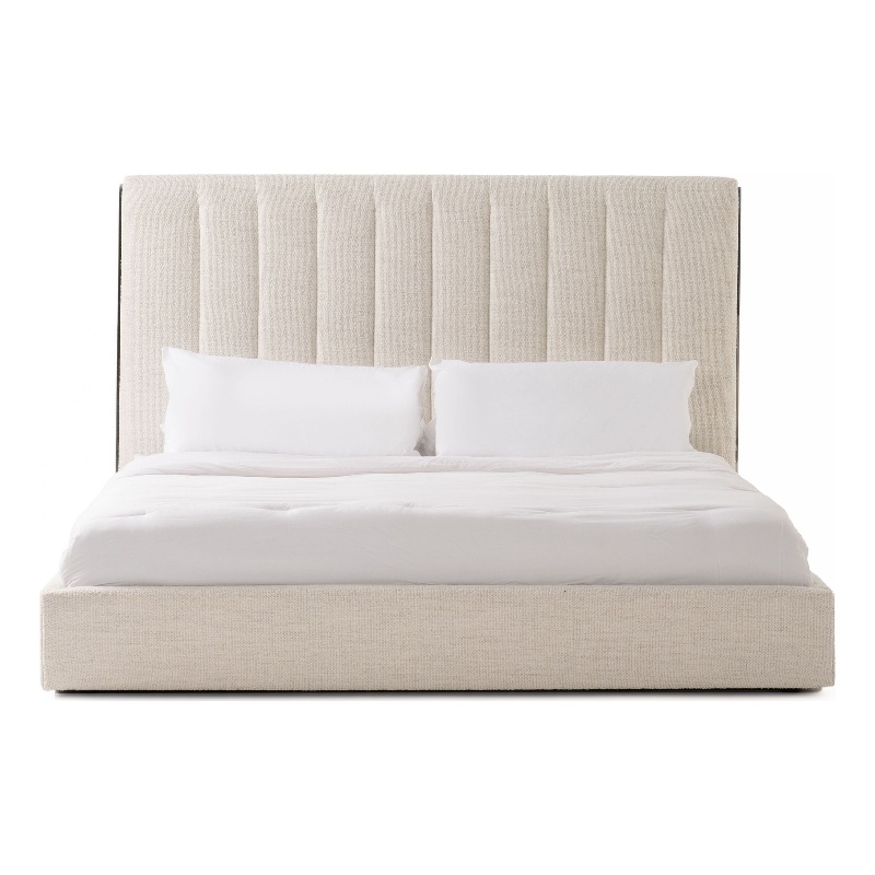 Benjara Valy Platform King Size Bed- Vertical Striped Tufted Ivory Upholstered