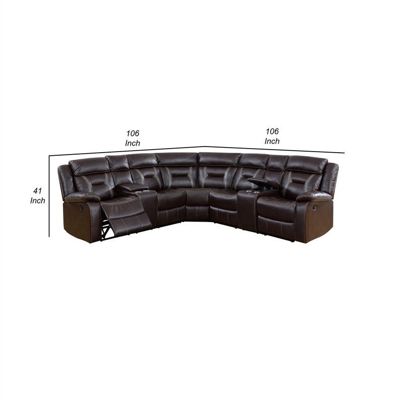 Benjara 3pc Sectional Motion Power Recliner Sofa Set- Dark Brown Faux Leather