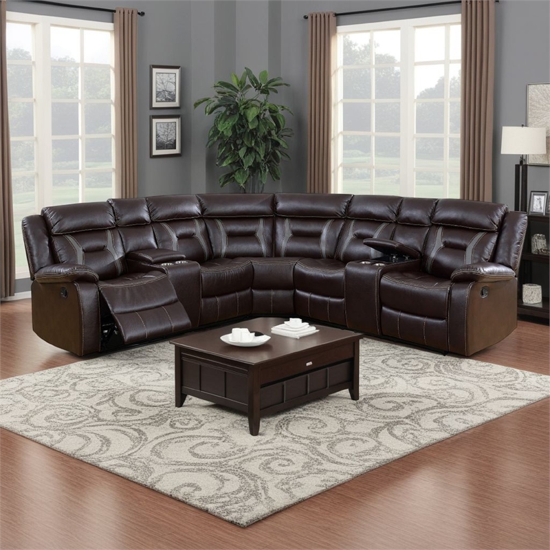 Benjara 3pc Sectional Motion Power Recliner Sofa Set- Dark Brown Faux Leather