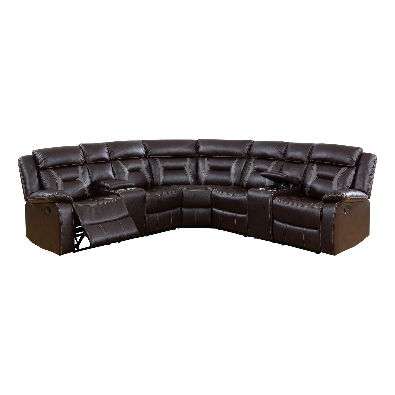 Benjara 3pc Sectional Motion Power Recliner Sofa Set- Dark Brown Faux Leather