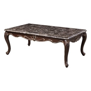 Benjara Cona 54&quot Cocktail Coffee Table- Carved Gold Accent- Cherry Brown- Gray