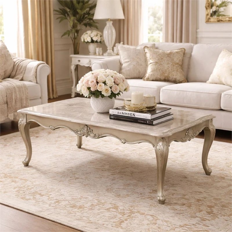 Benjara Kerra Cocktail Coffee Table- Beige Marble- Carved Champagne 54