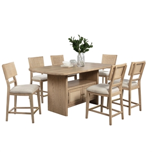 Benjara Lno 7 Piece Counter Height Dining Set- 6 Chairs- Beige Wood- Gold