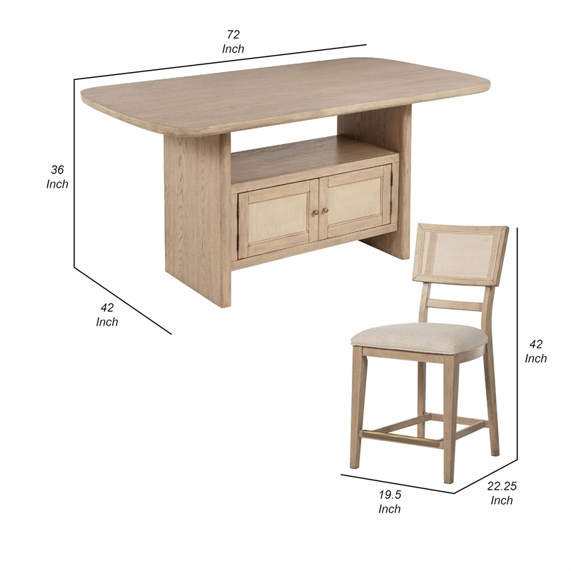 Benjara Lno 7 Piece Counter Height Dining Set- 6 Chairs- Beige Wood- Gold
