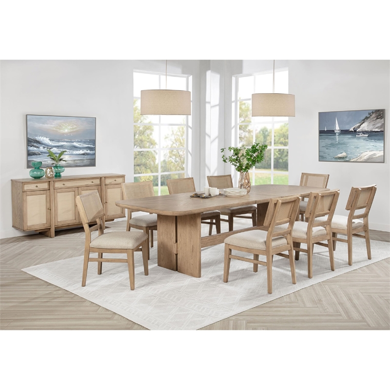 Benjara Lno 10 Piece Rectangular Dining Table Set- 8 Chairs- Sideboard- Beige