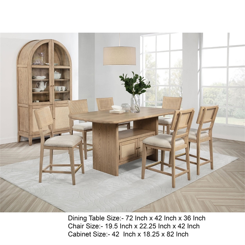 Benjara Lno 8 PC Counter Height Dining Set-6 Chairs-1 China Cabinet-Beige-Gold