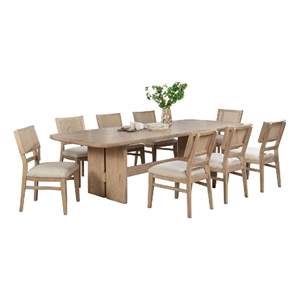 Benjara Lno 9 Piece Rectangular Dining Table Set- 8 Chairs- Beige Oak