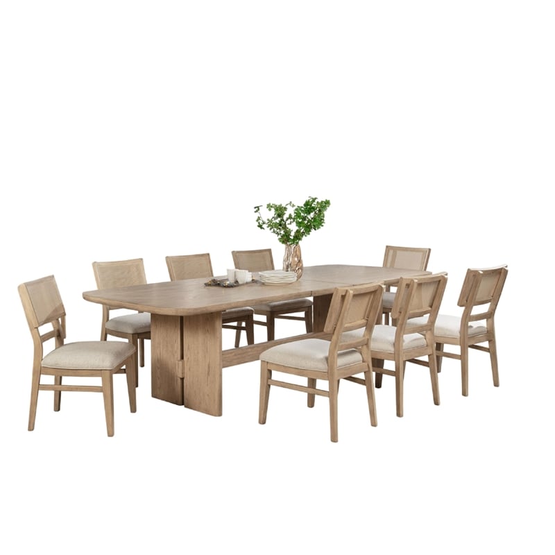 Benjara Lno 9 Piece Rectangular Dining Table Set- 8 Chairs- Beige Oak