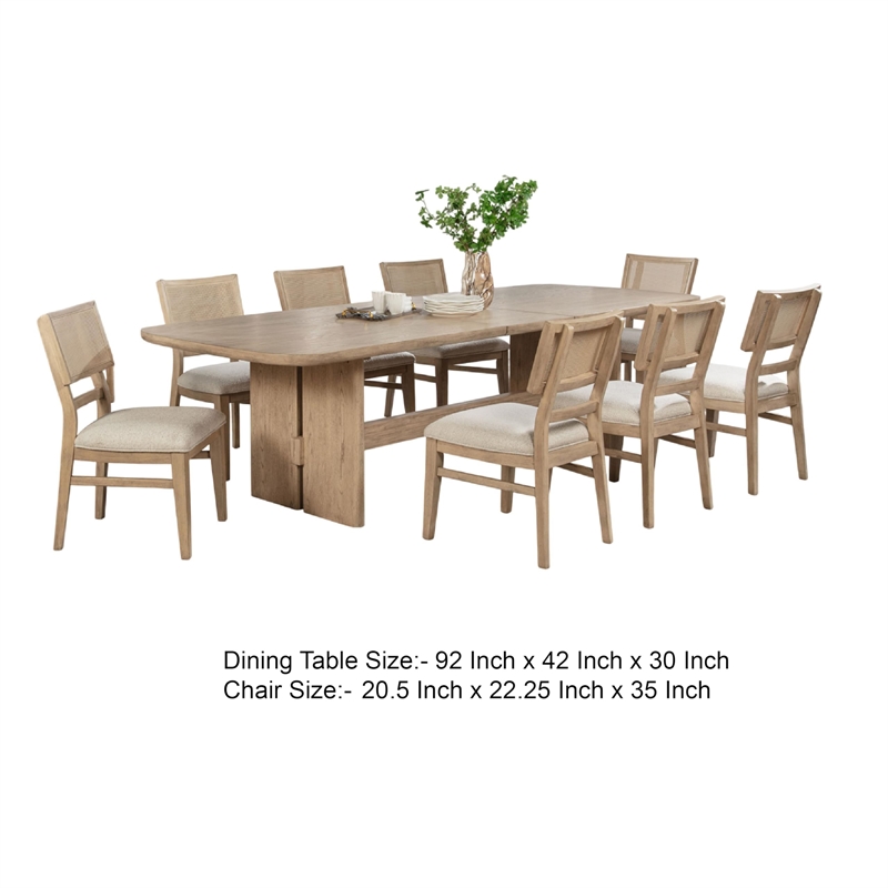 Benjara Lno 9 Piece Rectangular Dining Table Set- 8 Chairs- Beige Oak