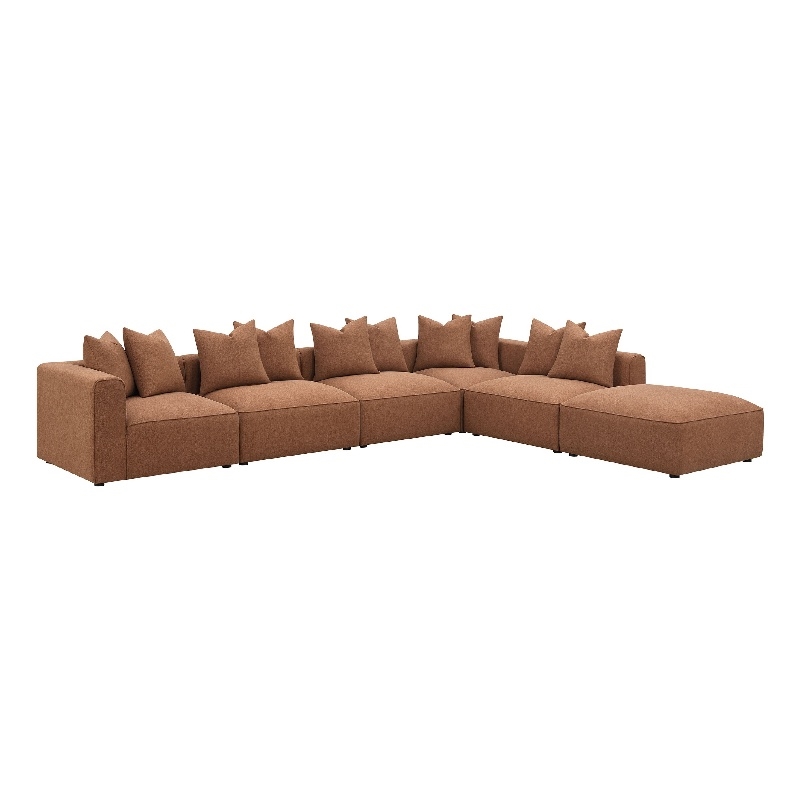 Benjara Hani 6pc Modular Sectional Sofa with Ottoman- Rich Brown- 10 Pillows