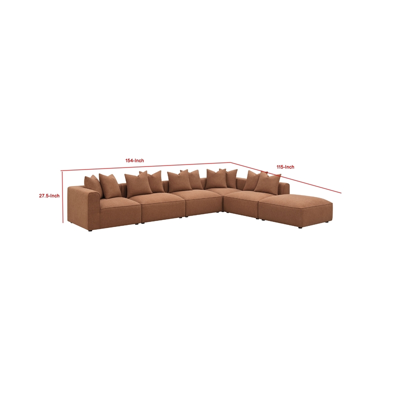 Benjara Hani 6pc Modular Sectional Sofa with Ottoman- Rich Brown- 10 Pillows