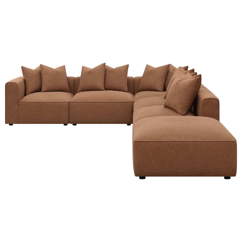 Benjara Hani 6pc Modular Sectional Sofa with Ottoman- Rich Brown- 10 Pillows