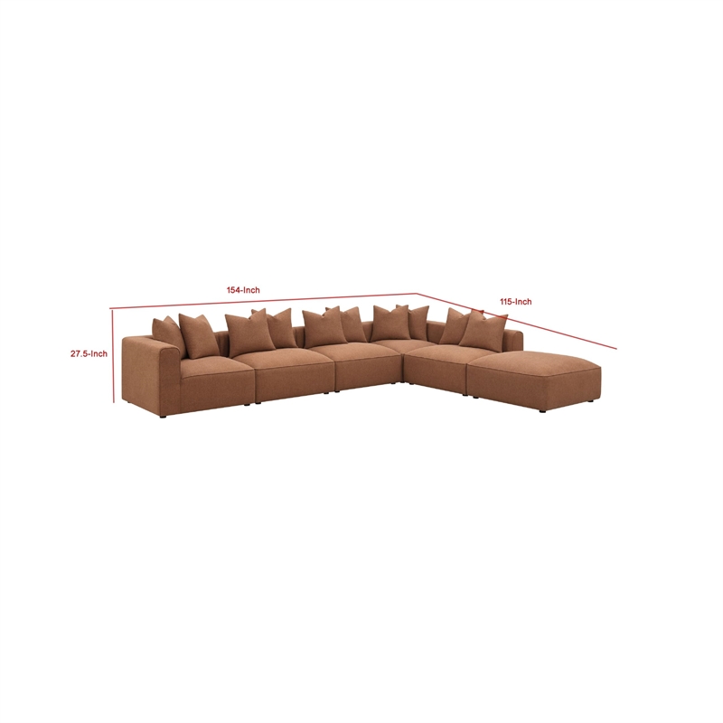 Benjara Hani 6pc Modular Sectional Sofa with Ottoman- Rich Brown- 10 Pillows