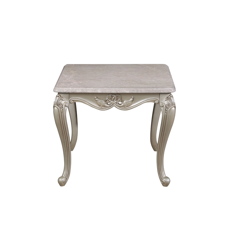 Benjara Kerra Side End Table- Beige Marble- Classic Carved Champagne 28