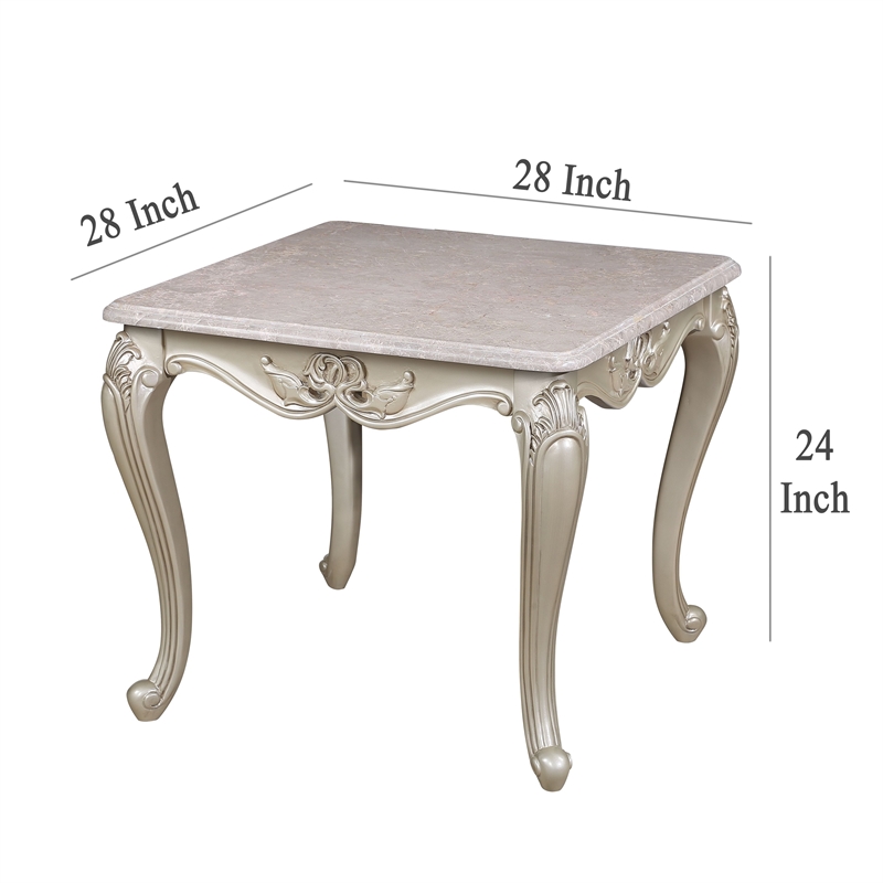 Benjara Kerra Side End Table- Beige Marble- Classic Carved Champagne 28