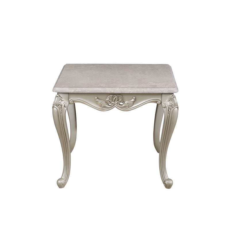Benjara Kerra Side End Table- Beige Marble- Classic Carved Champagne 28