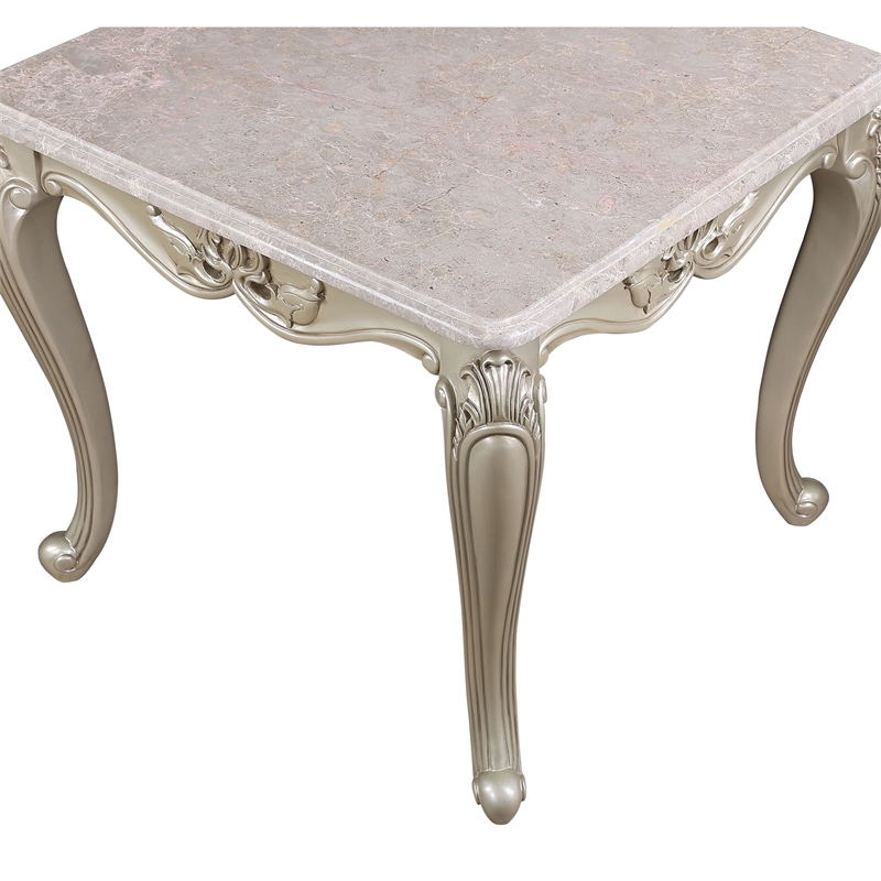 Benjara Kerra Side End Table- Beige Marble- Classic Carved Champagne 28