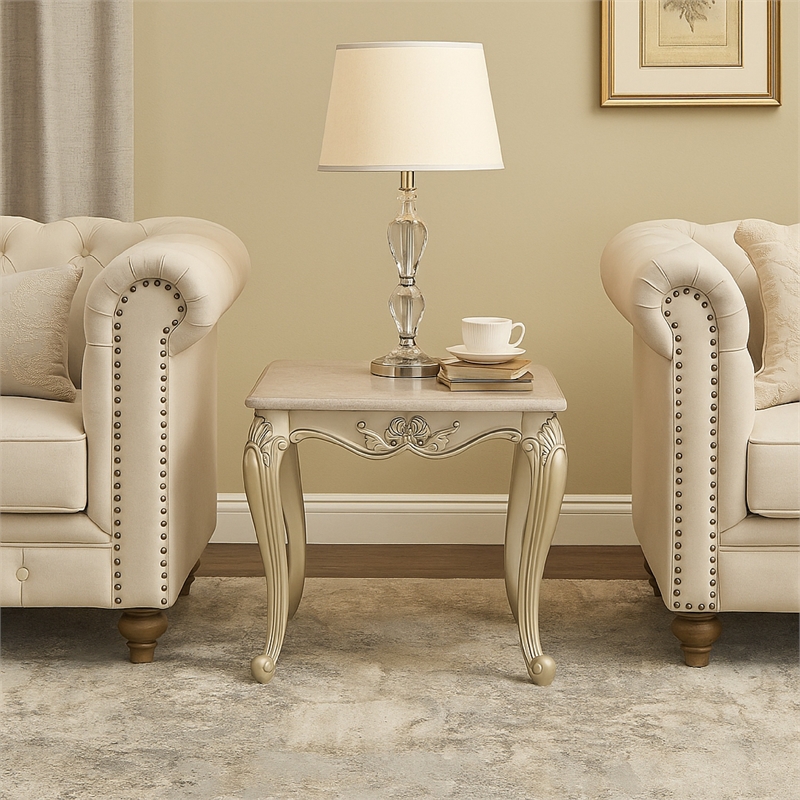 Benjara Kerra Side End Table- Beige Marble- Classic Carved Champagne 28