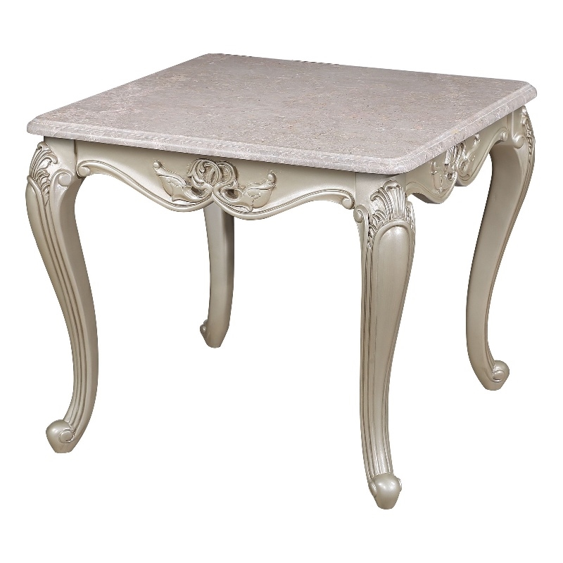Benjara Kerra Side End Table- Beige Marble- Classic Carved Champagne 28