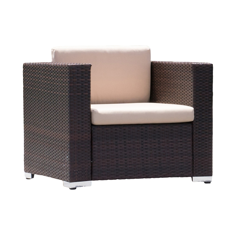 Benjara Orene Outdoor Chair Set of 2- Brown Rattan- Tan Waterproof Fabric