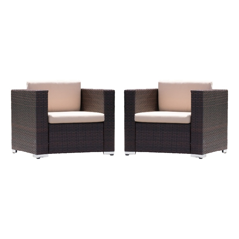 Benjara Orene Outdoor Chair Set of 2- Brown Rattan- Tan Waterproof Fabric