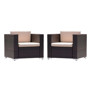 Benjara Orene Outdoor Chair Set of 2- Brown Rattan- Tan Waterproof Fabric