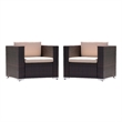Benjara Orene Outdoor Chair Set of 2- Brown Rattan- Tan Waterproof Fabric
