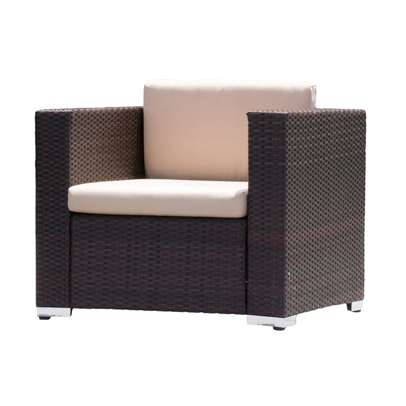 Benjara Orene Outdoor Chair Set of 2- Brown Rattan- Tan Waterproof Fabric