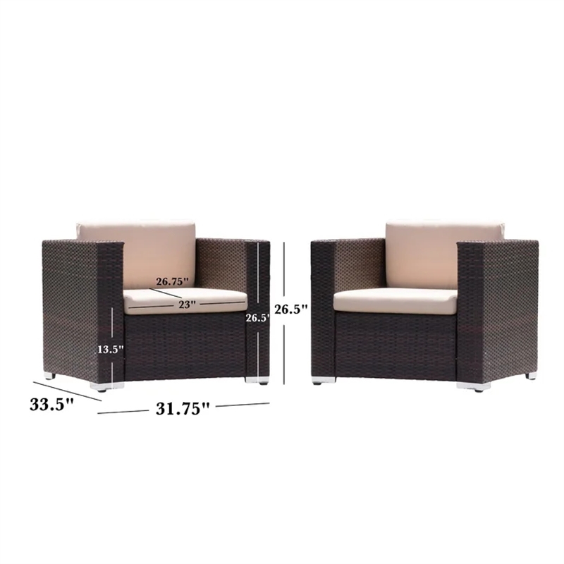 Benjara Orene Outdoor Chair Set of 2- Brown Rattan- Tan Waterproof Fabric