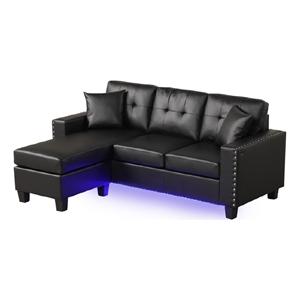 Benjara 74&quot Renza Sectional Sofa Chaise with LED Lights & 2 Pillows - Black