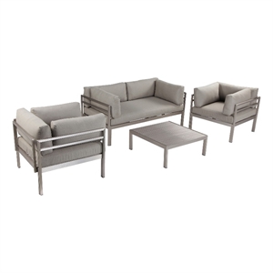 Benjara 3 Piece Sectional Outdoor Metal Sofa Set with Table- Gray and Silver