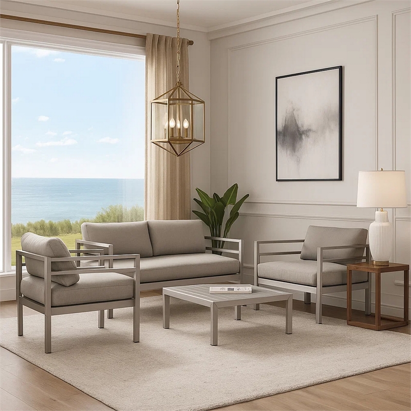 Benjara 3 Piece Sectional Fabric Upholstered Sofa Set with Table- Gray & Silver