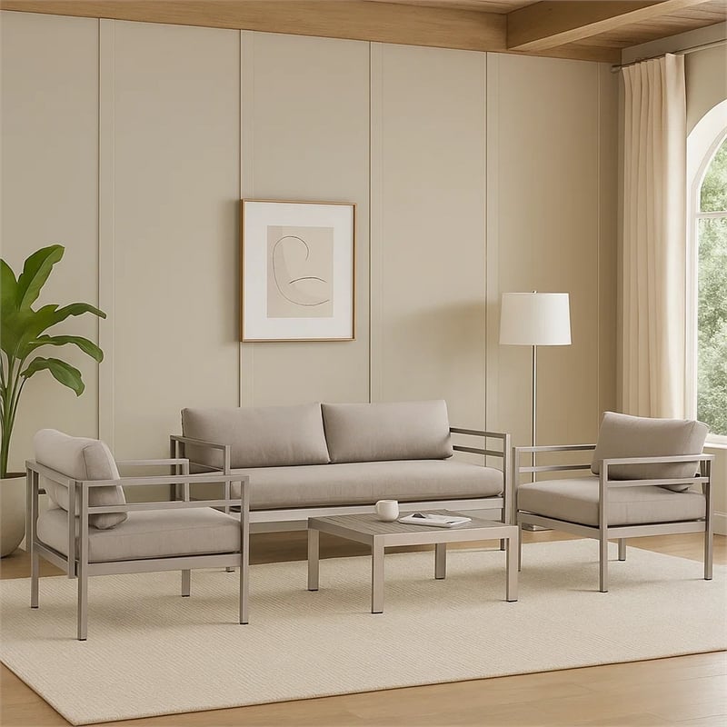 Benjara 3 Piece Sectional Fabric Upholstered Sofa Set with Table- Gray & Silver