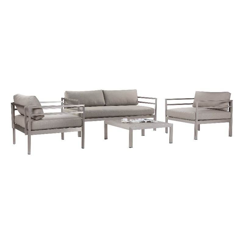 Benjara 3 Piece Sectional Fabric Upholstered Sofa Set with Table- Gray & Silver