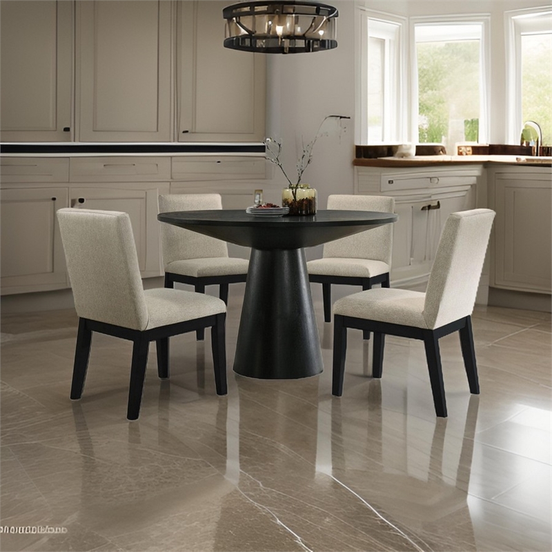 Benjara Yuvi 5 Piece Dining Table & Chair Set- Round Top- Beige Cushioned- Black