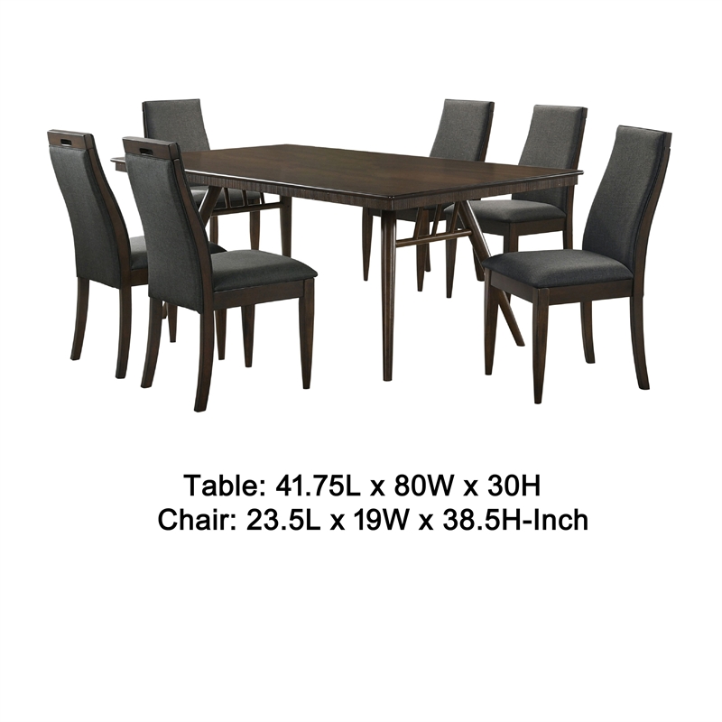 Benjara Oss 7pc Dining Table and 6 Chair Set- Fluted Apron- Gray- Walnut Brown