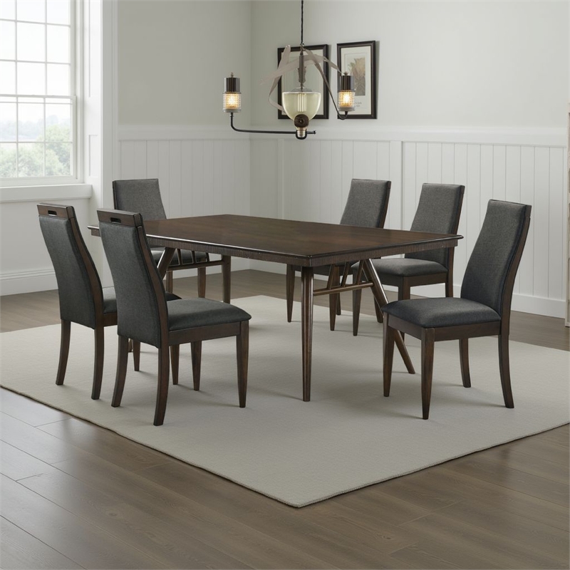 Benjara Oss 7pc Dining Table and 6 Chair Set- Fluted Apron- Gray- Walnut Brown