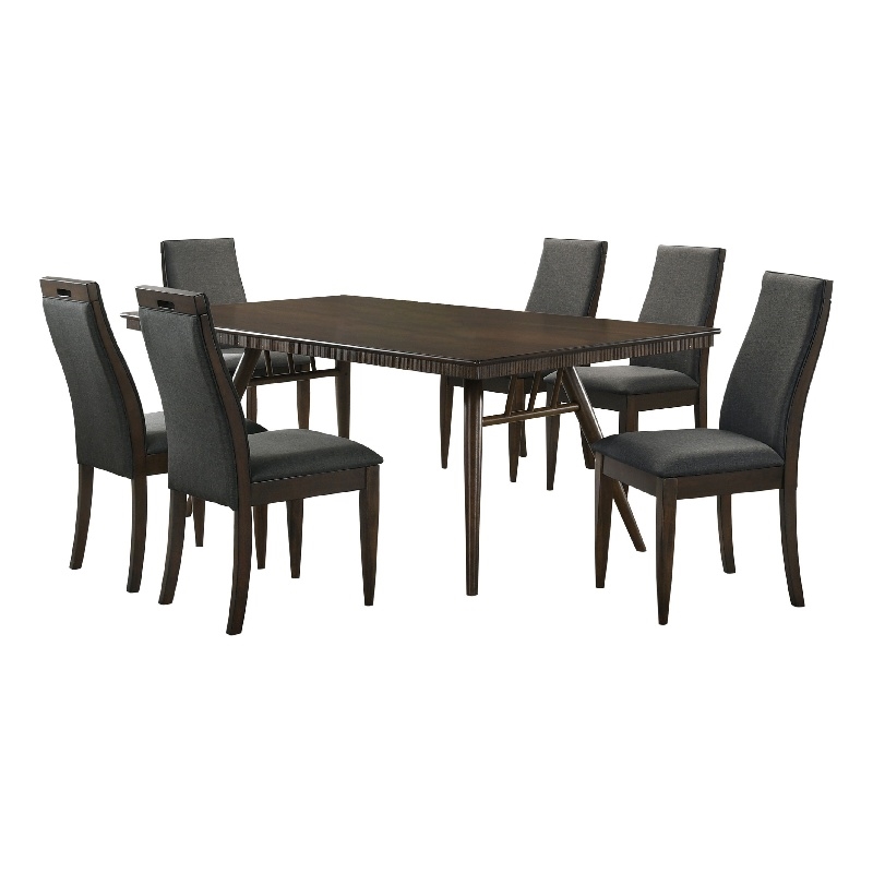 Benjara Oss 7pc Dining Table and 6 Chair Set- Fluted Apron- Gray- Walnut Brown